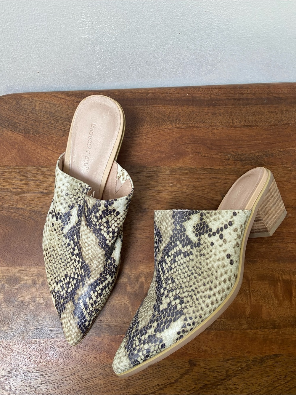 Chocolat Blu Clint Beige Snake-Print Pointed Mule